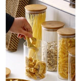 ❄D077 Glass Jar Food Sealed Glass Tank Storage Tank Food Container Bamboo Covered Kitchen Food Stora