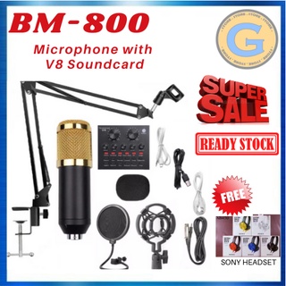 Original BM-800 Condenser Microphone with V8 Soundcard and Free Headphones