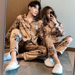 ▦❏✼M-5XL Plus Size Couple Pajamas Golden Mickey Silk Cardigan Sleepwear Satin Ilang pajama terno