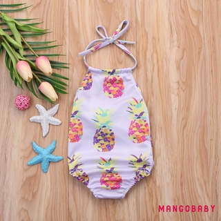 MG-Baby Girls Summer Sleeveless Swimsuit Off Shoulder Pineapple Print Halter Lace-up Swimwear Kids Sweet One-piece Beachwear