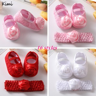✨ Kimi ๑ 0-18 Month Newborn Baby Girl Bowknot Princess Shoes Kids Toddler Soft Sole Walking Shoes Headband Set 2 Pcs/Set