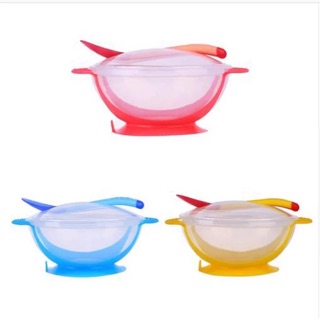3 Pieces Baby Feeding Suction Bowl with Cover and Temperature Sensing Spoon