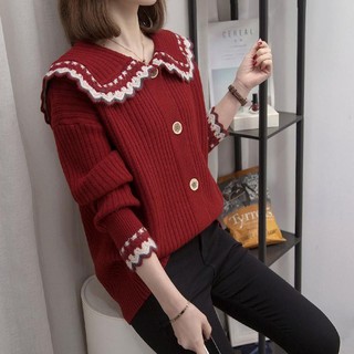Red Women's Sweater Coat Autumn Loose Outer Wear New Korean Style Doll Collar Knitted Cardigan Top