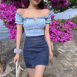 Tops for women sexy off shoulder bubble sleeve top with wooden ear edge Crop Top smocked top knitted short sleeve top (3)
