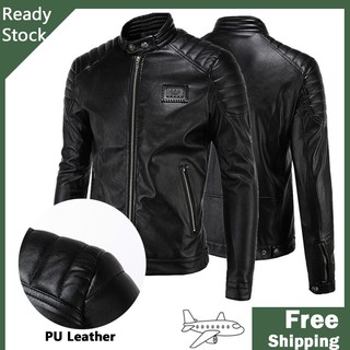 Fashion Men's PU Leather Jacket Motorcycle Riding Stand Neck Oversize Jacket