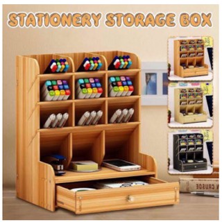 Wooden Office Desktop Organizer Pen Stationery Holder Storage DIY Multifunctional with Drawer