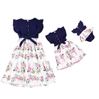 Family Matching Outfits Clothes Mother Daughter Summer Elegant Floral Dress Afternoon Tea Dress Up