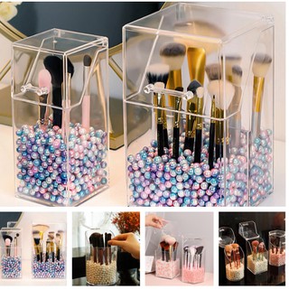 HBPH Makeup Brush Holder Transparent Acrylic Organizer with Dustproof Cover and Pearl HBB