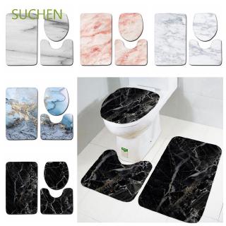 SUCHEN 3 Pcs Bathroom Mat Set Marble Pattern Toilet Seat Lid Pad Anti Slip Washable Rug