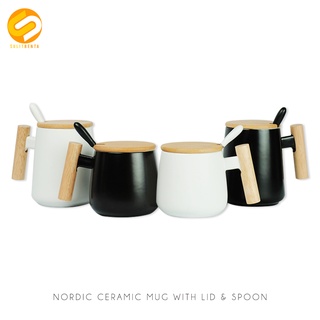 Nordic Ceramic Mug With Wooden Handle Lid and Mini Spoon