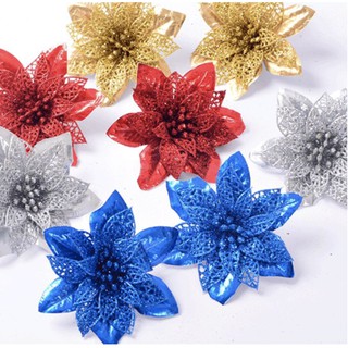 10 pieces (plus 2 free) artificial Christmas Ornaments Christmas Flowers with glitters
