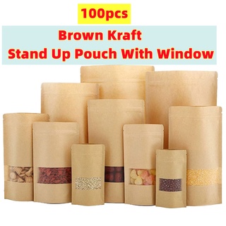 100pcs Kraft Bags with Window Zipper Lock Stand Up Bulk Pouches Resealable Packaging Paper Bags