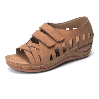 【Ready STOCK】Women's Wedge Leather Sandals Fashion Hollow Velcro Large Size Breathable Anti slip Sandals (4)