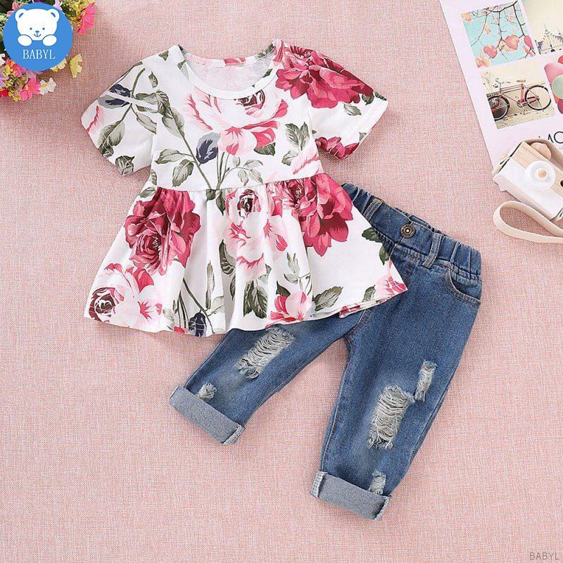 Kids Terno Toddler Baby Floral Shirt Tops+ Denim Pants Ripped Jeans for Girls