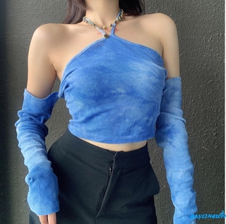 BAY-Women’s Summer Long Sleeve Top Fashion Tie-dye Halter Lace up Exposed Navel Pullover Crop Top