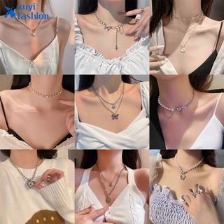 Korean Fashion Pearl Necklace Butterfly Heart Pendant Personalized Women Necklaces Jewelry Accessories