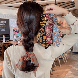 Fashion Retro Flower Pattern Hair Ring Korean Style Hair Tie Ponytail Holder Hair Rope Women Long Ribbon Hair Accessories Rose Gift
