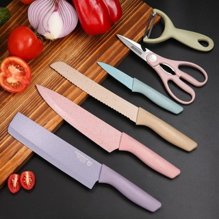 Kitchen Knife Set 6PCS Corrugated Colorful Stainless Steel Chef Knife Bread Knife Cleaver Scissors (8)