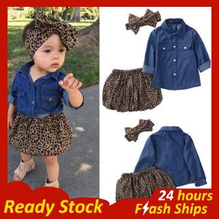 Ready Stock Kids Clothing 3Pcs Toddler Baby Girls Clothes Denim Shirt Leopard Print Skirt Headband Outfits Set