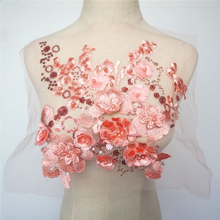 Embroidered Flower Pearl Rhinestone Applique Sequin Lace Fabric Wedding Dress Decor Craft DIY (1)