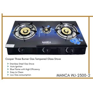 WJ-2300-2 Manca cooper three burner Gas Glass Top LPG Stainless Steel Stove cooker