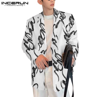 INCERUN Men Fashion Casual Vintage Printed Long Sleeve V Neck Loose Blazer