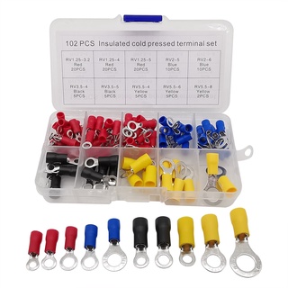 102Pcs/Box 10Kinds RV Ring Terminals Electrical Crimp Wire Connector Insulated Cold Pressed Terminal End Butt Assortment Kit