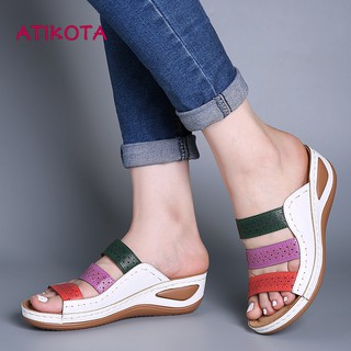 ┅Atikota Vintage Women Sandal Popular Hollow Out Rainbow Stitching Slippers Casual Ladies Sandals Pl