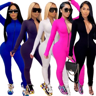 Sexy Solid Color Long Sleeve Deep V Bodycon Rompers Womens Jumpsuit Sport Suit Fashion Zip Up Long P
