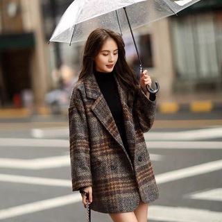 Women's Mid-Length Plaid Woolen Coat