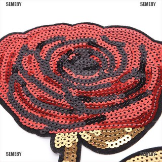 SEMEBY Rose Flowers Sequins Clothes Embroidered Iron on Patches for Clothing Motif Appliques