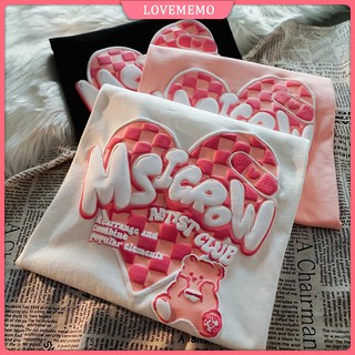 Lovememo Oversize Korean Version Heart Bear Print Cute Shirt Loose Short Sleeve T-shirt for Women