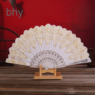 Retro Folding Hand Fan Plastic Gold Powder Craft Fan White Wedding Party Chinese Style Dance Cloth Folding Fan Handheld Decorative Fans