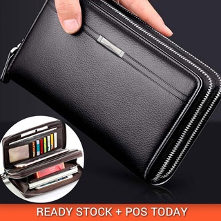 CS Men Clutch Bag Wristlet Double Zipper Leather Business Long Wallet