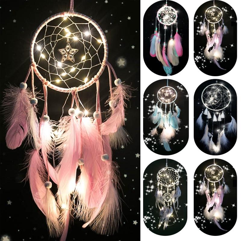 Mizlzle Pink Dream Catcher Feathers LED Lights Handmade with String Light Night Light