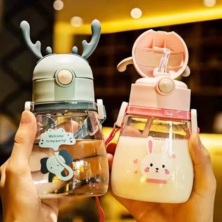 Children's Straw Cup summer portable plastic cup kindergarten fall proof cup messenger learning cup antler lovely kettle