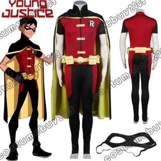 In Stock Adult Young Justice Robin Costume Uniform Black Cloak Jumpsuit For Men Halloween Cosplay Costume Outfit