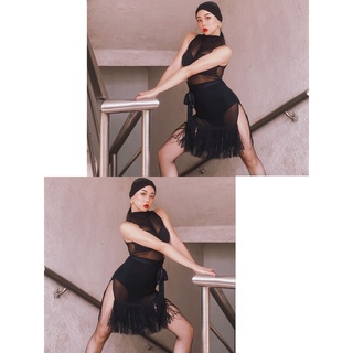 【Performing arts clothes】Mesh Latin Dance Dress Women Black Dress Ballroom Practice Wear Sexy Tap Da (9)