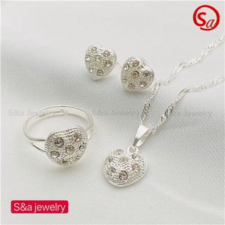 925 Silver 3in1 Pendant Necklace Stud Earrings Adjustable Ring set for women set-105