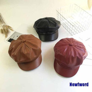 Fashion Women Solid Color PU Leather Caps Octagonal Cap Casual Vintage Hats