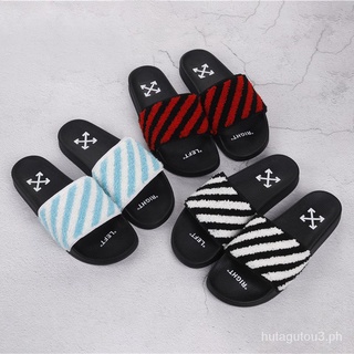The Correct Version of offSlipperswhiteFashion Brand Black Red Blue Striped Flocking Arrow Men and Women Couple SummerowFashion Slippers