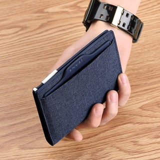 New ultra thin casual leather wallet men's multi-functional manual canvas credit card cover metal