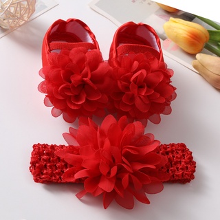 Baby Girl Shoes with Headband for Princess Bithday Party Chiffon Flower Elastic Baby Walking Shoes W