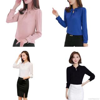 Office Lady Stand Collar Elegant Chiffon Bow Blouses Tops (2)