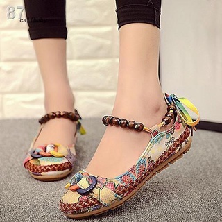 ﹊【Ready Stock】Women Ethnic Lace Up Beading Round Toe Comfortable Flats Colorful Loafers Shoes