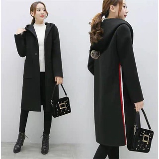 Womens Winter Lapel Wool Coat Trench Jacket Long Sleeve Overcoat Outwear plain long blazer with hood