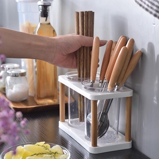 LU Simple Chopsticks Storage Rack Wooden Chopsticks Holder Drain Pan Kitchen Storage