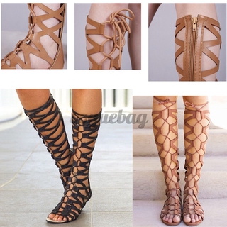 Nis Women Gladiator Sandal Knee High Lace Up Hollow Out Flat Strappy Beach Shoes VOGUEBAG