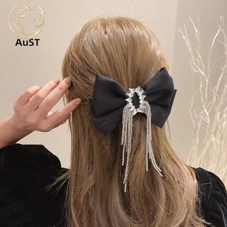 austfs_Hair Clips Rhinestone Design Hair Decor Black Women Tassels Bow Hairpin for Birthday Party