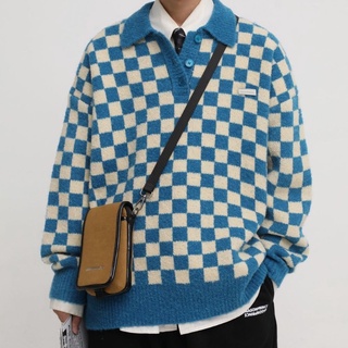 Blue Checkerboard Sweater Men's Knitwear Autumn and Winter Japanese Retro POLO Collar Loose Pullover Jacket Korean Fashion Male Sweater